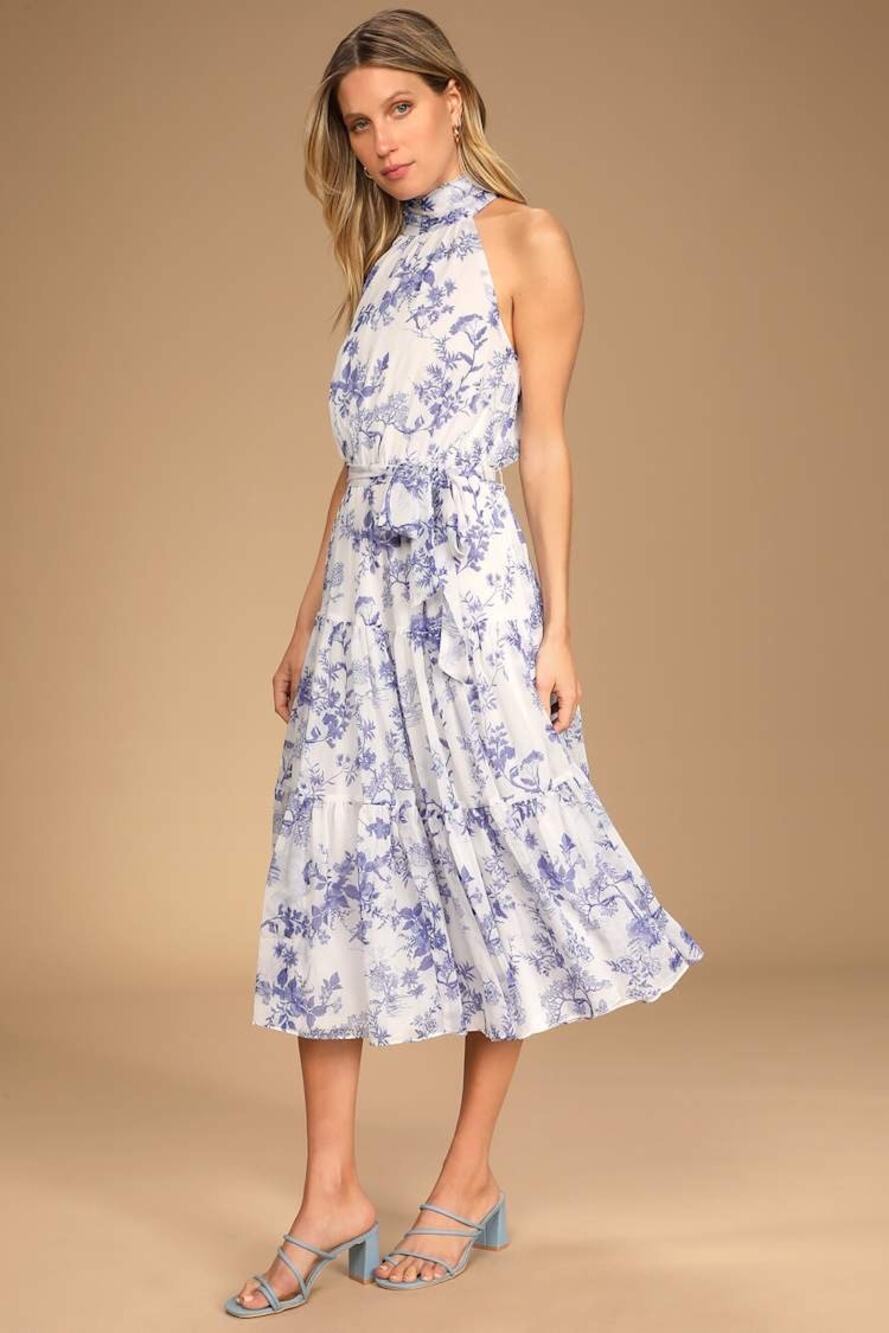 NWT Lulus Float to You White Floral Print Halter Tiered Midi Dress Cruise Size L